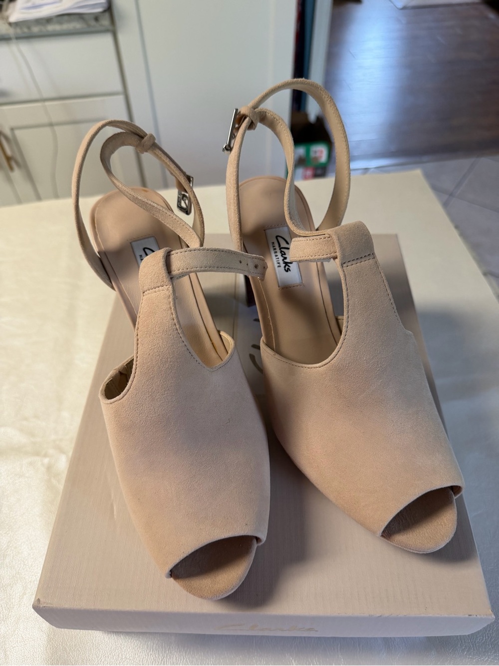 Clarks Women's Nude Suede Peep-Toe Slingback Heels